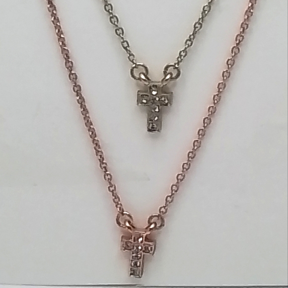 Two TONE DOUBLE strand CROSS PENDENT NECKLACE - Picture 4 of 5